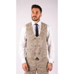 Mens Beige Navy Check Suit Vintage Classic Prince Of Wales Tailored Fit Wedding - Knighthood Store
