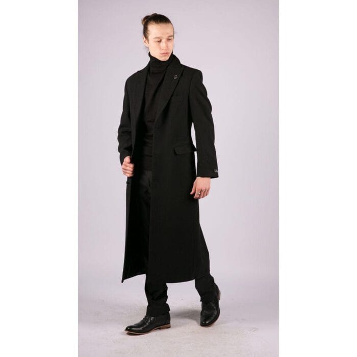 Herrenmantel in voller Länge, Mac-Jacke, Wollgefühl, Anthrazit/Schwarz, 1920er-Jahre-Scheuklappen - Knighthood Store