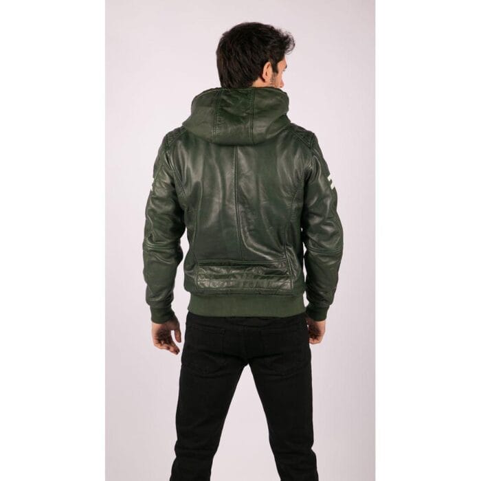 Herren Bomberjacke aus echtem Leder mit blau-schwarzer Kapuze, roten Streifen, gesteppt, Slim Fit, lässig - Knighthood Store