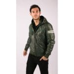 Herren Bomberjacke aus echtem Leder mit blau-schwarzer Kapuze, roten Streifen, gesteppt, Slim Fit, lässig - Knighthood Store