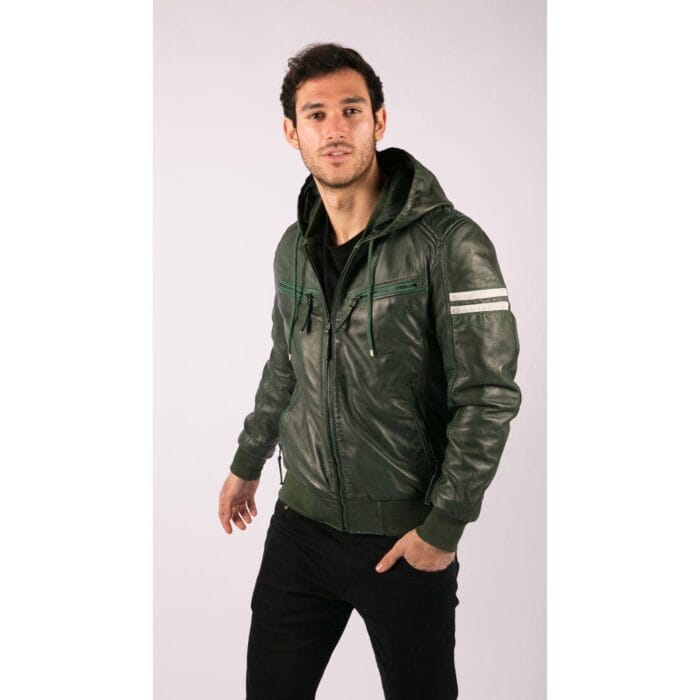 Herren Bomberjacke aus echtem Leder mit blau-schwarzer Kapuze, roten Streifen, gesteppt, Slim Fit, lässig - Knighthood Store