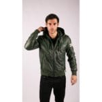 Herren Bomberjacke aus echtem Leder mit blau-schwarzer Kapuze, roten Streifen, gesteppt, Slim Fit, lässig - Knighthood Store