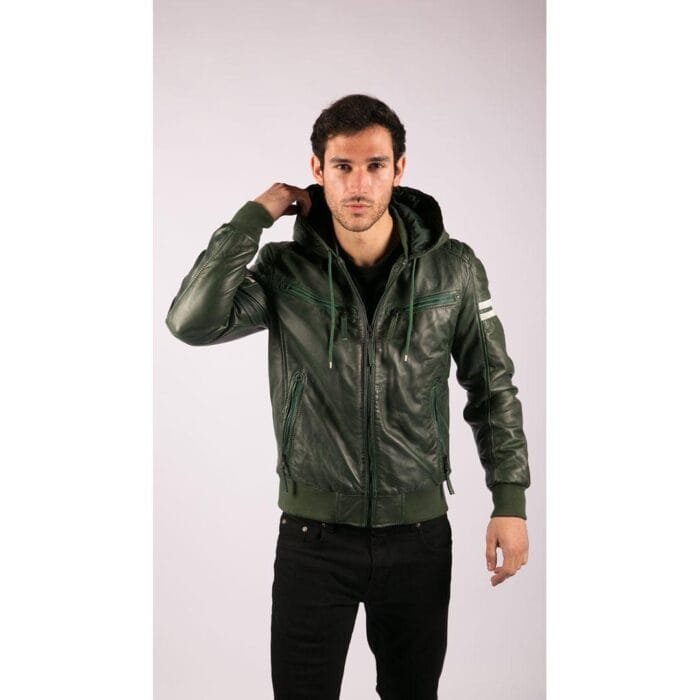 Herren Bomberjacke aus echtem Leder mit blau-schwarzer Kapuze, roten Streifen, gesteppt, Slim Fit, lässig - Knighthood Store