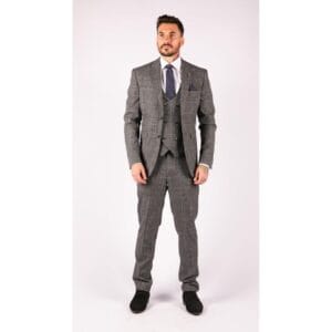 3-teiliger Herrenanzug mit maßgeschneiderter Passform, kariert, grau/blau, zweireihig, Vintage-Hochzeit - Knighthood Store