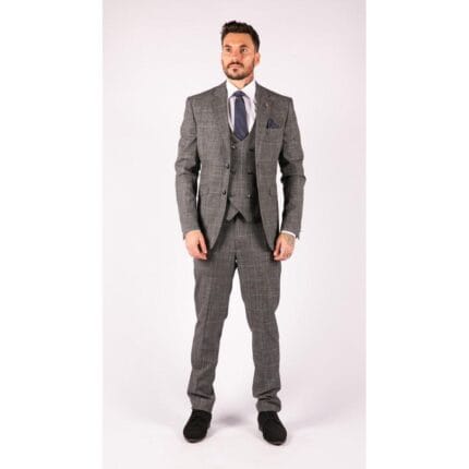 Mens 3 Piece Tailored Fit Suit Check Grey Blue Double Breasted Vintage Wedding - Knighthood Store