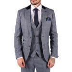 Blau karierter 3-teiliger Anzug von Marc Darcy für Herren, zweireihig, Weste und Ellenbogenflicken - Knighthood Store