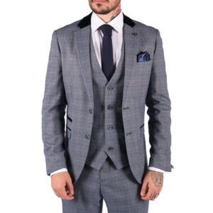 Mens Blue Check Marc Darcy 3 Piece Suit Double Breasted Waistcoat Elbow Patch - Knighthood Store