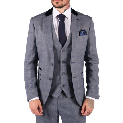 Mens Blue Check Marc Darcy 3 Piece Suit Double Breasted Waistcoat Elbow Patch - Knighthood Store