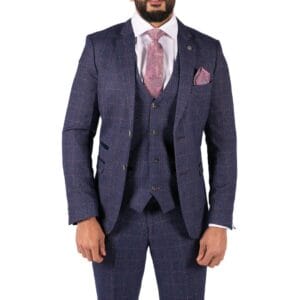 Abito da uomo blu navy 3 pezzi con gilet doppiopetto e motivo Principe di Galles a quadri color cuoio - Knighthood Store