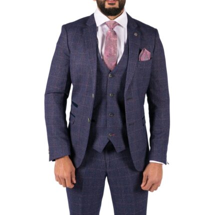 Mens Navy Blue 3 Piece Suit Double Breasted Waistcoat Tan Prince Of Wales Check - Knighthood Store