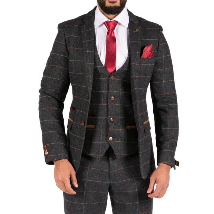 Abito da uomo Marc Darcy vintage a 3 pezzi in tweed a spina di pesce a quadri blu navy - Knighthood Store