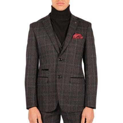 Mens Grey Black 3 Piece Tweed Suit Herringbone Wine Vintage Retro Mens Grey Black 3 Piece Tweed Suit Herringbone Wine Vintage Retro - Knighthood Store