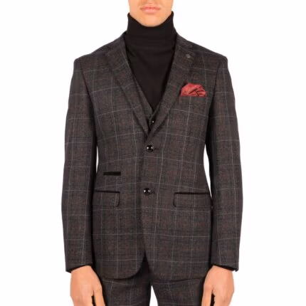 Mens Grey Black 3 Piece Tweed Suit Herringbone Wine Vintage Retro - Knighthood Store