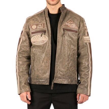 Giacca da motociclista retrò classica da uomo in vera pelle, marrone deserto, grigia, casual - Knighthood Store