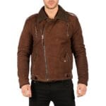 Veste de motard en cuir véritable noir et marron avec fermeture éclair croisée pour homme, doublée polaire, coupe ajustée, style chic et décontracté - Knighthood Store