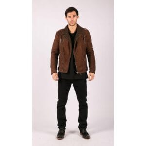 Giacca da motociclista in vera pelle nera e marrone con cerniera incrociata, foderata in pile, aderente, elegante e casual - Knighthood Store