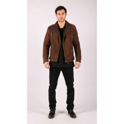 Giacca da motociclista in vera pelle nera e marrone con cerniera incrociata, foderata in pile, aderente, elegante e casual - Knighthood Store