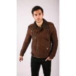 Veste de motard en cuir véritable noir et marron avec fermeture éclair croisée pour homme, doublée polaire, coupe ajustée, style chic et décontracté - Knighthood Store
