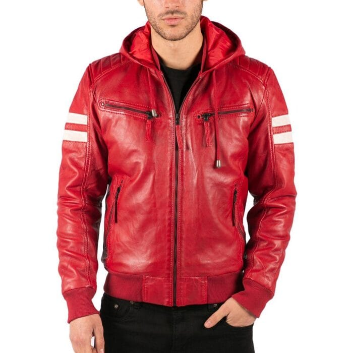 Herren Bomberjacke aus echtem Leder mit blau-schwarzer Kapuze, roten Streifen, gesteppt, Slim Fit, lässig - Knighthood Store