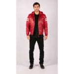 Herren Bomberjacke aus echtem Leder mit blau-schwarzer Kapuze, roten Streifen, gesteppt, Slim Fit, lässig - Knighthood Store