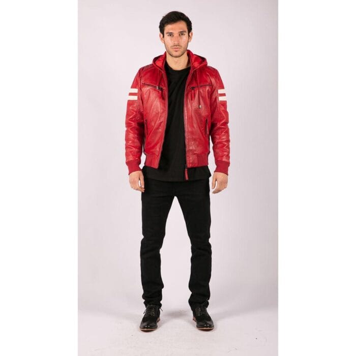 Herren Bomberjacke aus echtem Leder mit blau-schwarzer Kapuze, roten Streifen, gesteppt, Slim Fit, lässig - Knighthood Store