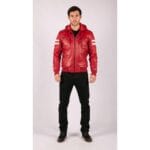Herren Bomberjacke aus echtem Leder mit blau-schwarzer Kapuze, roten Streifen, gesteppt, Slim Fit, lässig - Knighthood Store