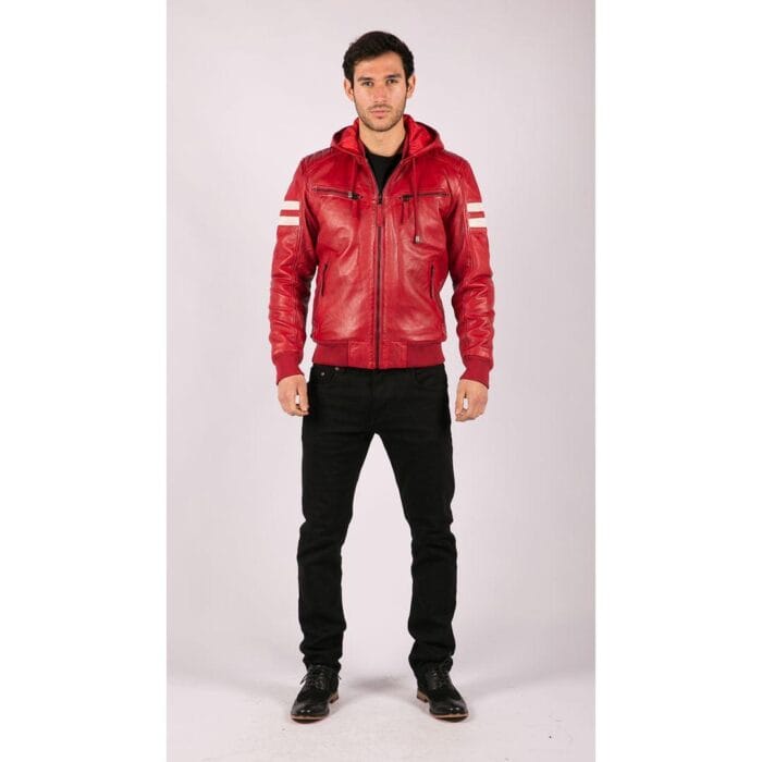 Herren Bomberjacke aus echtem Leder mit blau-schwarzer Kapuze, roten Streifen, gesteppt, Slim Fit, lässig - Knighthood Store