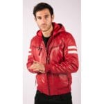 Herren Bomberjacke aus echtem Leder mit blau-schwarzer Kapuze, roten Streifen, gesteppt, Slim Fit, lässig - Knighthood Store