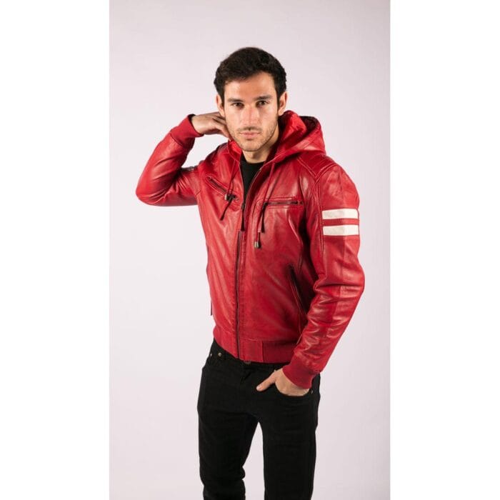 Herren Bomberjacke aus echtem Leder mit blau-schwarzer Kapuze, roten Streifen, gesteppt, Slim Fit, lässig - Knighthood Store
