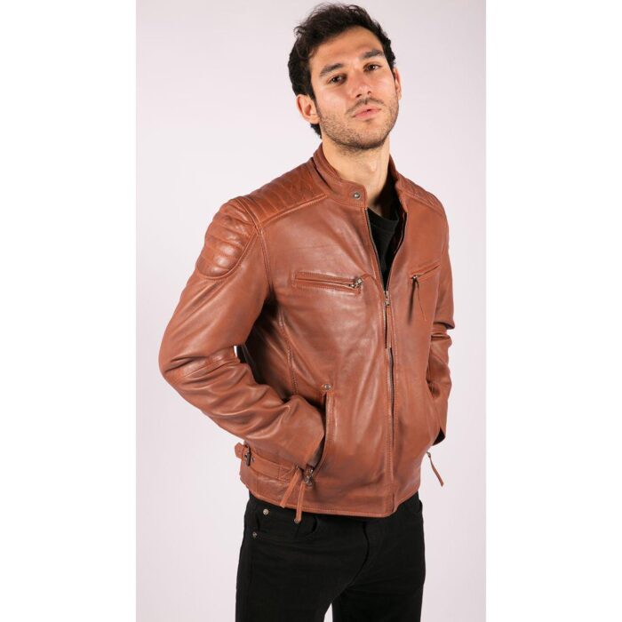Mens Blue Grey Real Leather Designer Zipped Biker Jacket Washed Casual Vintage - Knighthood Store
