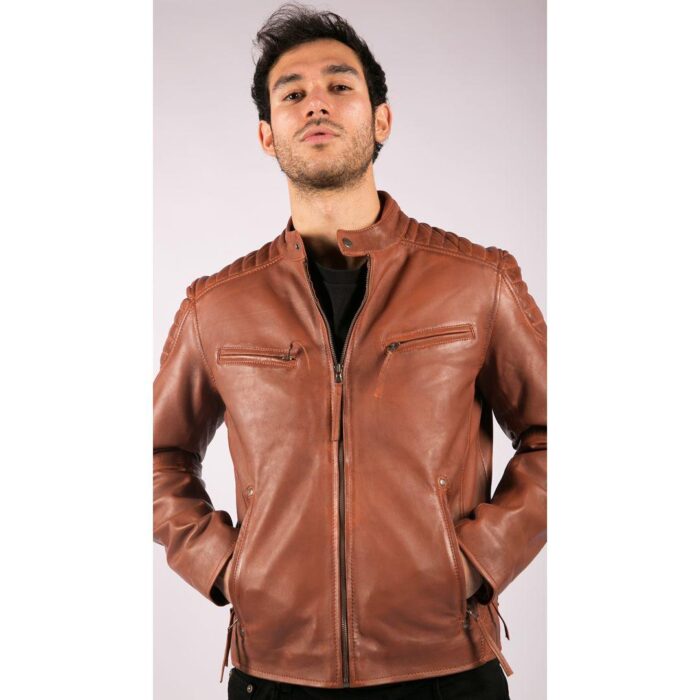 Mens Blue Grey Real Leather Designer Zipped Biker Jacket Washed Casual Vintage - Knighthood Store