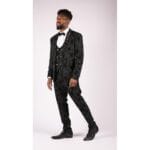 Abito da uomo nero 3 pezzi in velluto paisley, sposo, vestibilità su misura - Knighthood Store