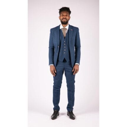 Mens 3 Piece Wool Suit Blue Tweed Vintage 1920s Classic 4 Pocket Waistcoat - Knighthood Store
