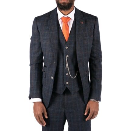 Mens Grey 3 Piece Suit Tan Navy Check Wedding Prom Formal Vintage Tailored Fit - Knighthood Store