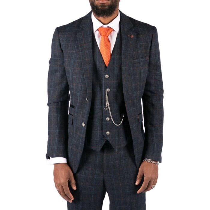 Mens Grey 3 Piece Suit Tan Navy Check Wedding Prom Formal Vintage Tailored Fit - Knighthood Store