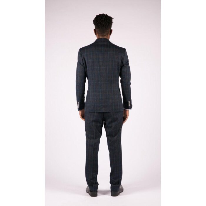 Mens Grey 3 Piece Suit Tan Navy Check Wedding Prom Formal Vintage Tailored Fit - Knighthood Store