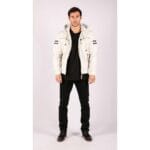 Herren Bomberjacke aus echtem Leder mit blau-schwarzer Kapuze, roten Streifen, gesteppt, Slim Fit, lässig - Knighthood Store