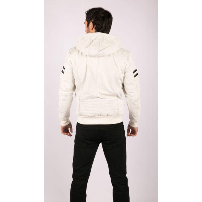Herren Bomberjacke aus echtem Leder mit blau-schwarzer Kapuze, roten Streifen, gesteppt, Slim Fit, lässig - Knighthood Store