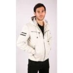 Herren Bomberjacke aus echtem Leder mit blau-schwarzer Kapuze, roten Streifen, gesteppt, Slim Fit, lässig - Knighthood Store
