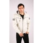 Herren Bomberjacke aus echtem Leder mit blau-schwarzer Kapuze, roten Streifen, gesteppt, Slim Fit, lässig - Knighthood Store