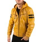 Herren Bomberjacke aus echtem Leder mit blau-schwarzer Kapuze, roten Streifen, gesteppt, Slim Fit, lässig - Knighthood Store