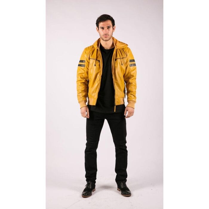 Herren Bomberjacke aus echtem Leder mit blau-schwarzer Kapuze, roten Streifen, gesteppt, Slim Fit, lässig - Knighthood Store