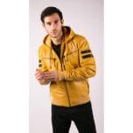 Herren Bomberjacke aus echtem Leder mit blau-schwarzer Kapuze, roten Streifen, gesteppt, Slim Fit, lässig - Knighthood Store