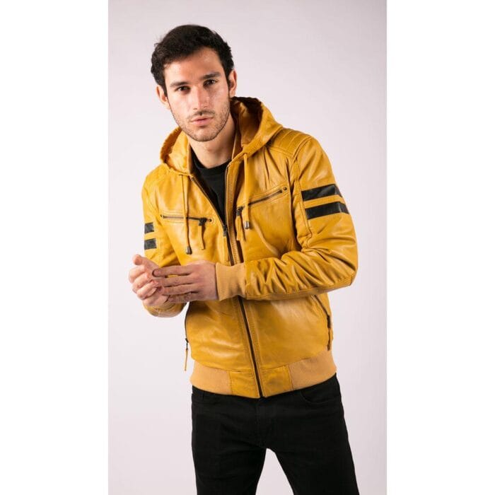 Herren Bomberjacke aus echtem Leder mit blau-schwarzer Kapuze, roten Streifen, gesteppt, Slim Fit, lässig - Knighthood Store