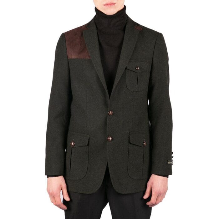 Mens Wool Tweed Shooting Jacket Hunting Blazer Smart Casual Elbow Patch Olive - Knighthood Store