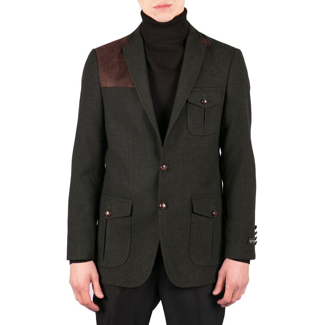 Mens Wool Tweed Shooting Jacket Hunting Blazer Smart Casual Elbow Patch Olive - Knighthood Store