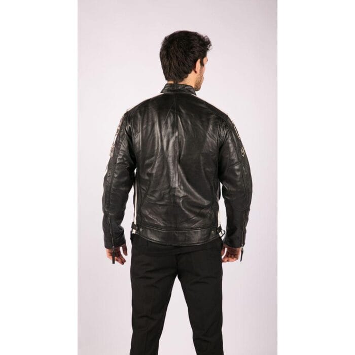Mens Classic Retro Biker Racer Real Leather Jacket Black Zipped Casual Badge - Knighthood Store