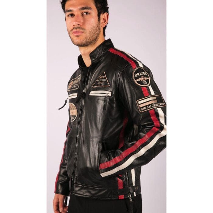 Mens Classic Retro Biker Racer Real Leather Jacket Black Zipped Casual Badge - Knighthood Store
