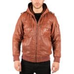 Mens Real Leather Hood Bomber Jacket Tan Timber Brown Washed Vintage Quilted - Knighthood Store
