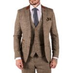 Abito da uomo a 3 pezzi in tweed a spina di pesce vintage a quadri, marrone chiaro, vestibilità slim fit, da matrimonio - Knighthood Store